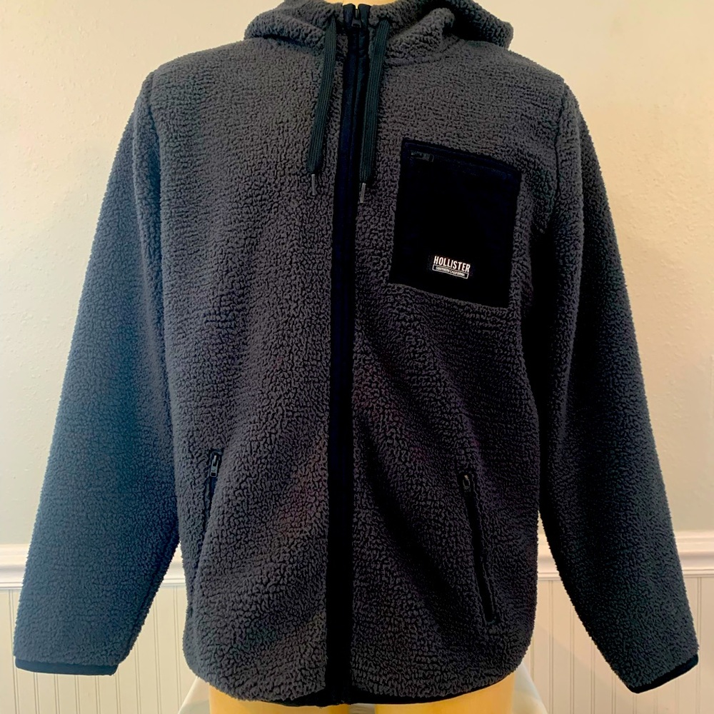 NWOT Hollister Zip Icon Sherpa Hoodie Dark Grey by Abercrombie & Fitch